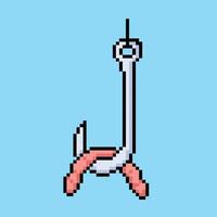 Worm bait on fishing hook, tackle, or lure. Pixel bit retro game styled vector illustration drawing. Simple flat cartoon drawing isolated on blue square background.