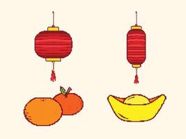 Vector drawing set collection group of pixel bit retro game chinese new year styled illustration. Simple flat cartoon art styled game element drawing isolated on horizontal yellow background.