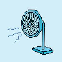 Blueish green colored mini small desk fan. Pixel bit retro game styled vector illustration drawing.Simple flat cartoon drawing isolated on blue square ratio background.