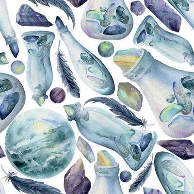 Hand drawn watercolor illustration sea witch altar objects. Glass vial bottle precious stones feathers beads. Seamless pattern isolated on white background. Design print, shop, magic, packaging, paper