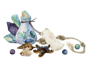 Hand drawn watercolor illustration sea witch altar objects. Glass vial blank tag, precious stones knot rope shell starfish beads Composition isolated on white background. Design for print, shop, magic vector