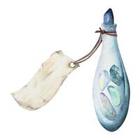 Hand drawn watercolor sea witch altar objects. Glass vial jar blank tag, filled with precious stones. Composition isolated on white background. Design for print, shop, medicine, chemistry, alchemy vector