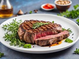 ai generado un brillante A la parrilla bife, muy lleno con sabor, descansa junto a vibrante A la parrilla vegetales en un limpiar blanco lámina. foto