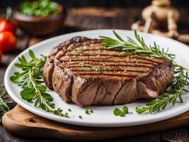 AI generated Juicy grilled steak with vegetables on a white plate photo