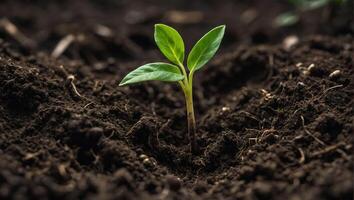 AI generated Small green sprout growing in soil surrounded by leaves, symbolizing new life and growth in nature photo