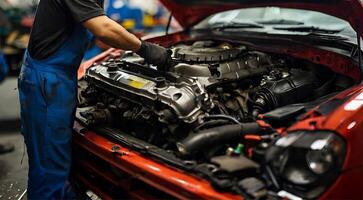 AI generated A mechanic working on an engine in an auto repair garage photo