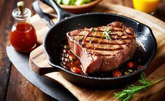 AI generated Delicious and juicy grilled steak in cast iron pan photo