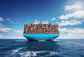 AI generated Blue big cargo ship in the ocean with blue sky background photo