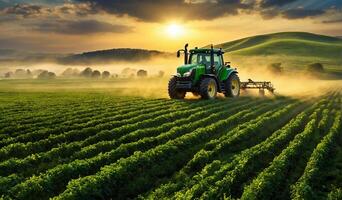 ai generado agrícola escena con un tractor trabajando en un verde campo debajo un azul cielo foto