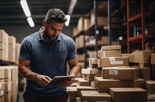 AI generated An entrepreneur checking many ready-to-send package boxes using his tablet. Small business activity concept photo