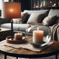 AI generated Close up of round glass jar with burning candle on rustic wooden coffee table. Lamp on side table near grey sofa. Minimalist loft home interior design of modern living room photo