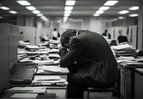 AI generated an exhausted man at the office desk with a pile of documents around him photo