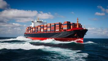 AI generated Cargo ship sailing in the ocean with blue sky in the background photo