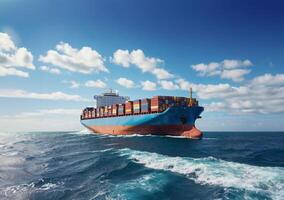 AI generated Blue big cargo ship in the ocean with blue sky background photo