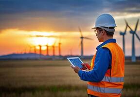 AI generated A worker in a hardhat is using a tablet in a wind turbine electric generator area, representing technology and industry. photo