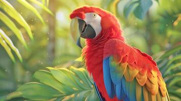 AI generated Red Macaw in lush foliage portrait. photo