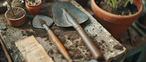 AI generated Still life of vintage gardening tools. AI generated. photo