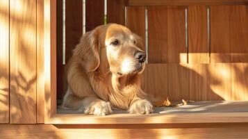 AI generated Warm sunshine on resting Golden Retriever. AI generated. photo