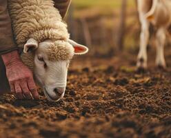 AI generated Gentle farm moment with sheep. Copy space. AI generated. photo