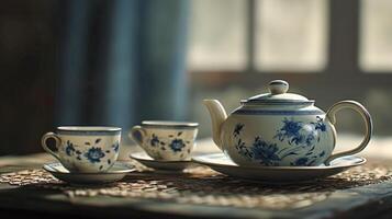 AI generated Still life of vintage teacup and teapot set. Copy space. AI generated. photo