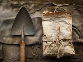 AI generated Still life of rustic shovel and packaged goods. AI generated. photo