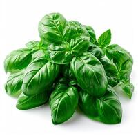 AI generated Basil leaf lying on a white background. Top view of green basil leaves collection - AI generated image photo