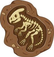 Dinosaur fossil skeleton in the soil, archeological excavation cartoon style vector