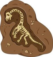 Dinosaur fossil skeleton in the soil, archeological excavation cartoon style vector