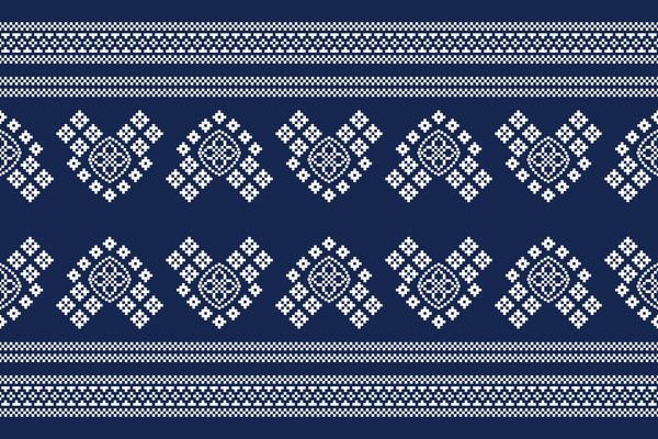 Traditional ethnic motifs ikat geometric fabric pattern cross stitch.Ikat embroidery Ethnic oriental Pixel navy blue background. Abstract,vector,illustration. Texture,scarf,decoration,wallpaper.