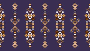 Traditional ethnic motifs ikat geometric fabric pattern cross stitch.Ikat embroidery Ethnic oriental Pixel violet purple background. Abstract,vector,illustration. Texture,scarf,decoration,wallpaper. vector