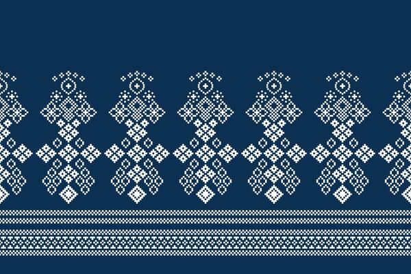 Traditional ethnic motifs ikat geometric fabric pattern cross stitch.Ikat embroidery Ethnic oriental Pixel navy blue background. Abstract,vector,illustration. Texture,scarf,decoration,wallpaper.