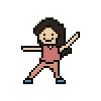 Cute pixel cartoon 8bit character woman exercises dance training alone lifestyle vector for decoration life style 8 bit female girl exercise gym fitness warm up game vector.