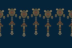 Traditional ethnic motifs ikat geometric fabric pattern cross stitch.Ikat embroidery Ethnic oriental Pixel navy blue background. Abstract,vector,illustration. Texture,scarf,decoration,wallpaper. vector