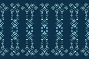 Traditional ethnic motifs ikat geometric fabric pattern cross stitch.Ikat embroidery Ethnic oriental Pixel navy blue background. Abstract,vector,illustration. Texture,scarf,decoration,wallpaper. vector