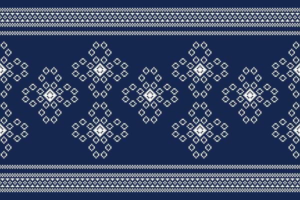 Traditional ethnic motifs ikat geometric fabric pattern cross stitch.Ikat embroidery Ethnic oriental Pixel navy blue background. Abstract,vector,illustration. Texture,scarf,decoration,wallpaper.