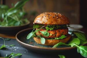 AI generated Vegan burger with chickpea patty with vegetables and herbs in a beautiful plate. Realistic food photo, close-up. Ai generated photo