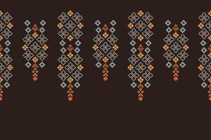 Traditional ethnic motifs ikat geometric fabric pattern cross stitch.Ikat embroidery Ethnic oriental Pixel brown background. Abstract,vector,illustration. Texture,scarf,decoration,wallpaper. vector