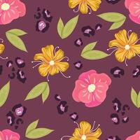 Flower spring seamless pattern with leopard. Pink and yellow flower seamless pattern. Vector illustration