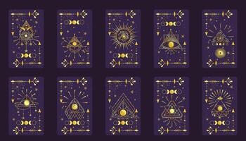 Tarot card gold set with mystic eye pyramid isolated. Boho esoteric tarot card with eye and star. Vector illustration. Sacred geometry celestial triangle