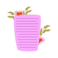 Cute Memo Notebook with flower paper frame for text. Planner sticker element sticky. Flat vector illustration. Cute Notes planner page.