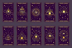 Tarot card gold set with mystic eye pyramid isolated. Boho esoteric tarot card with eye and star. Vector illustration. Sacred geometry celestial triangle