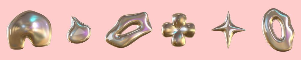 3d y2k chrome glossy silver element set. Abstract shape chrome metal render. Y2K form star, rainbow, flower. Vector illustration 3d render.