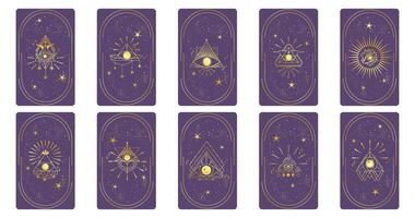 tarot tarjeta oro conjunto con místico ojo pirámide en marco aislado. boho esotérico tarot tarjeta con ojo y estrella. vector ilustración. sagrado geometría celestial triángulo