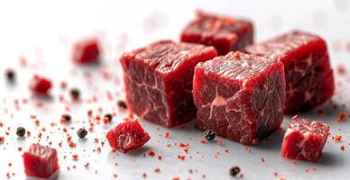 AI generated Pieces of raw beef. Set of fresh beef cubes isolated on white background - AI generated image photo