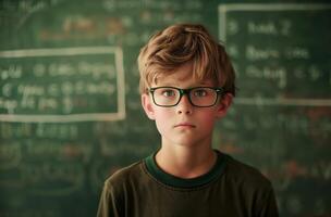 AI generated The boy in glasses in front of a blackboard. Created by artificial intelligence. photo