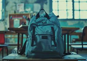 AI generated The blue briefcase against a blue classroom. Backpack, school briefcase, bagbook. Generated by artificial intelligence. photo