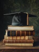 AI generated A graduation cap and books with golden tassels on the topand books. Generated by artificial intelligence. photo