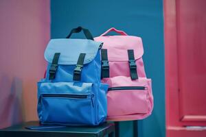 AI generated Blue and pink briefcases against a blue-pink room. Backpack, school briefcase, bagbook. Generated by artificial intelligence. photo