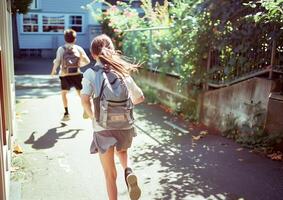 AI generated A girl classmate run from boy to school. Created by artificial intelligence. photo