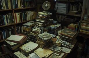 AI generated Various books are arranged in a pile. There are a lot of different types of books on the table. Generated by artificial intelligence. photo